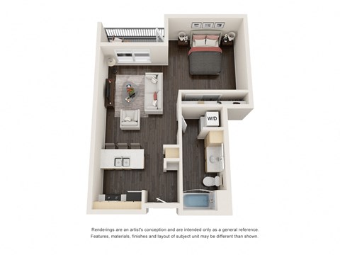 Floor plan for studio, 1 bath, 632 sqft